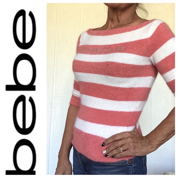 BEBE STRIPED FUZZY ANGORA SWEATER SMALL BELLINI/WHITE SMALL - Picture 2 of 15